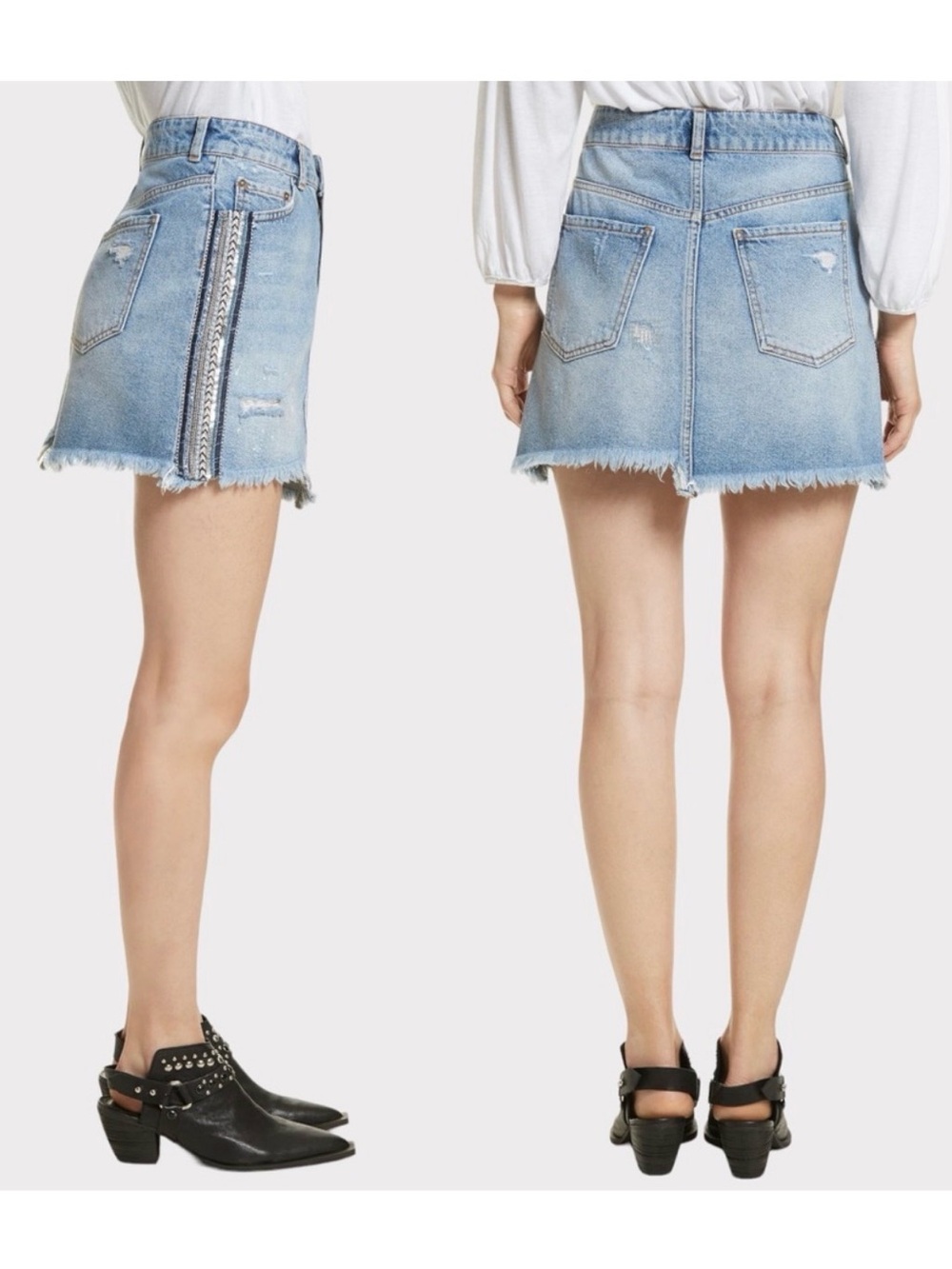 Free People Denim Mini Skirt Size 10 Beaded Embellished Boho Distressed Raw Hem